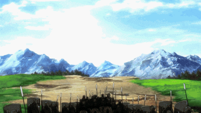 a group of soldiers with spears and shields in front of mountains
