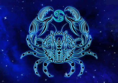 the cancer zodiac sign is glowing in the dark against a starry night sky .