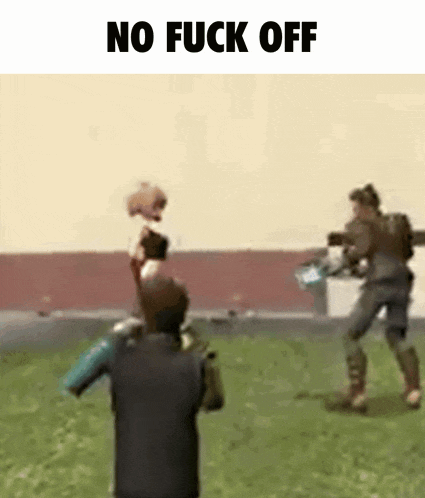 a man is holding a stuffed animal in his hand while another man holds a gun in a video game .