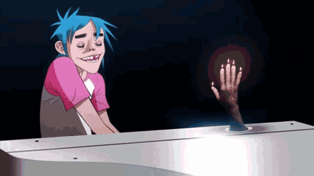 a cartoon character with blue hair is sitting at a piano with candles on it