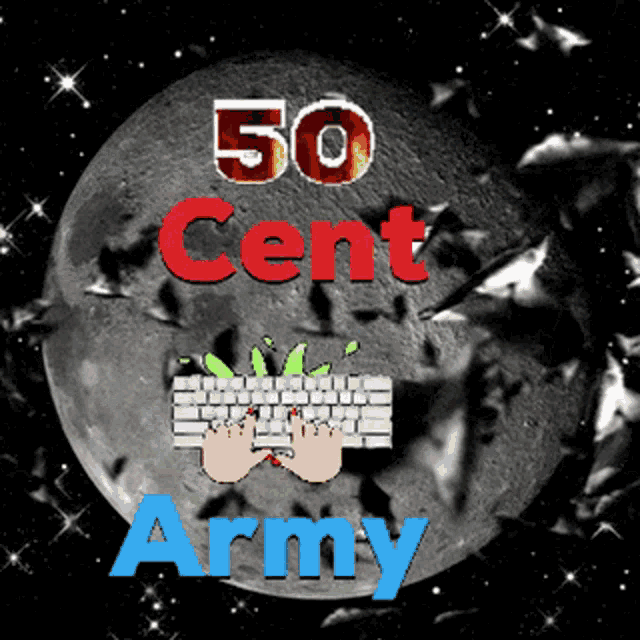 a 50 cent army logo with a keyboard in front of it