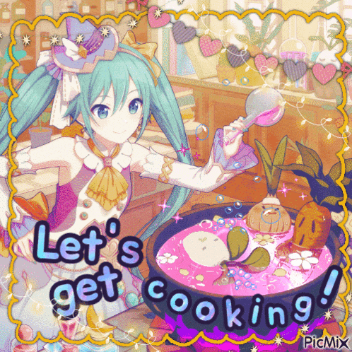 a picture of a girl cooking with the words let 's get cooking on it