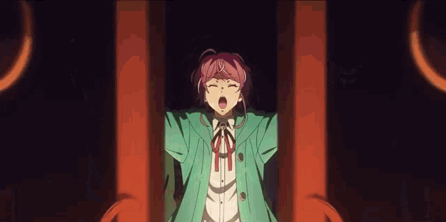 a girl with pink hair and a green jacket is standing in a doorway .