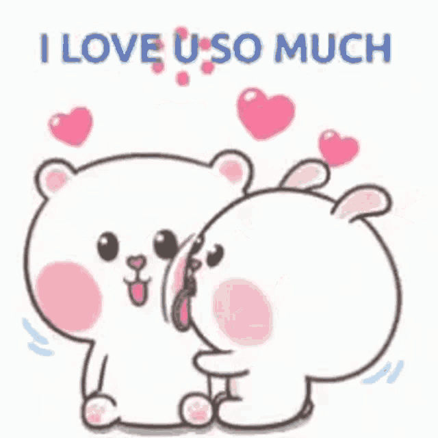 a cartoon of a bear and a rabbit kissing with the words `` i love u so much '' .