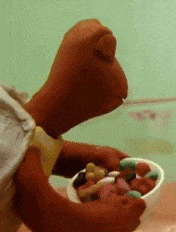 a stuffed animal is holding a bowl of food