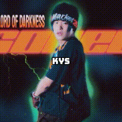 a boy with a beanie on stands in front of a sign that says " lord of darkness "