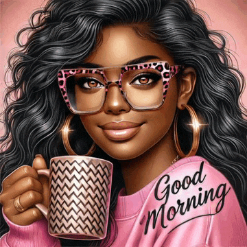 a woman wearing glasses is holding a cup of coffee with the words good morning written on her shirt