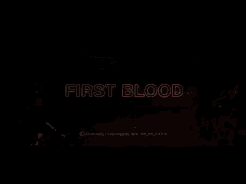 a dark background with the words first blood in red
