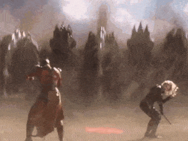 a man and a woman are standing in a field holding swords