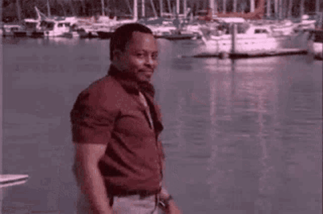 a man in a red shirt is standing in front of a body of water with boats in it .