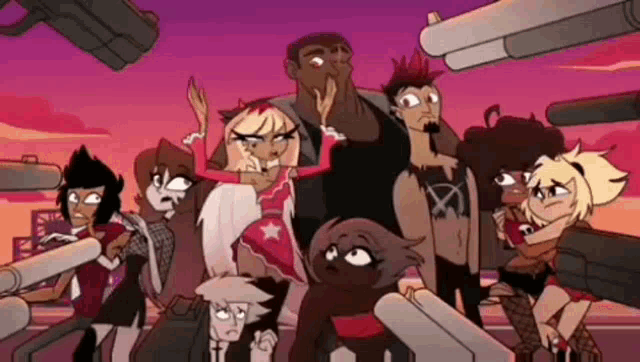 a group of cartoon characters are standing next to each other on a roof with guns .