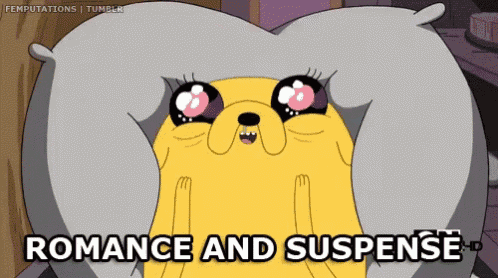a cartoon character with a heart shaped pillow and the words romance and suspense