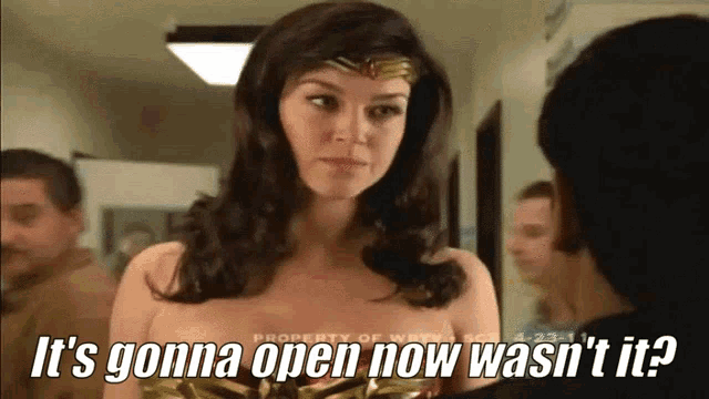 a woman in a wonder woman costume is talking to a man