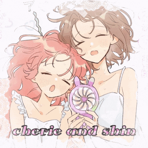 a drawing of two girls with the words " cherie and shin " on the bottom