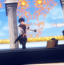 a cartoon character is standing in front of a pillar with a blue sky in the background