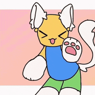 a cartoon drawing of a cat wearing a blue shirt and green shorts holding a paw .
