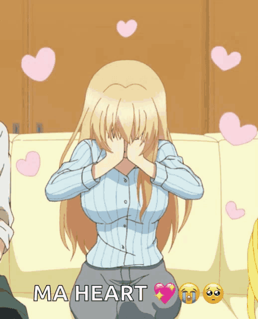 a cartoon of a woman covering her face with her hands and the words " ma heart " above her
