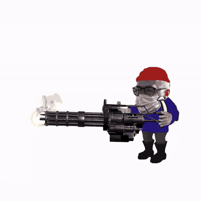 a man wearing a mask and a red hat is holding a machine gun