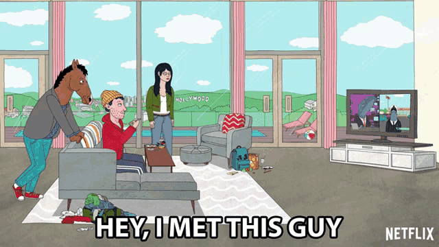 a cartoon of a living room with the words hey i met this guy