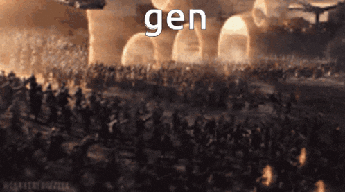 a large group of people are gathered in a field with the word gen written in white