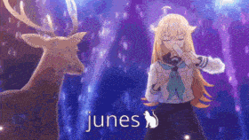a girl singing in front of a deer with the word junes on the bottom right