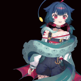 a girl with blue hair and red eyes is surrounded by a snake