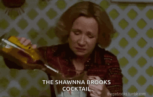 a woman is pouring a drink into a glass with the words " the shawnna brooks cocktail " above her