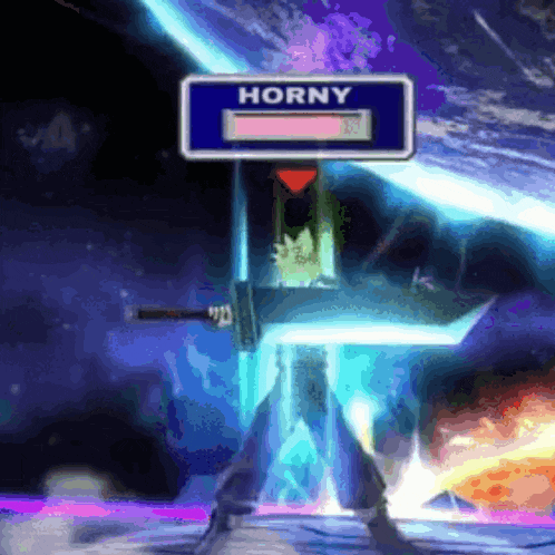 a video game character is holding a sword and a sign says horny