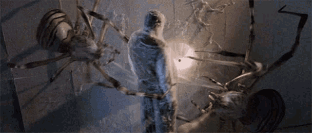 a man is surrounded by giant spiders in a dark room
