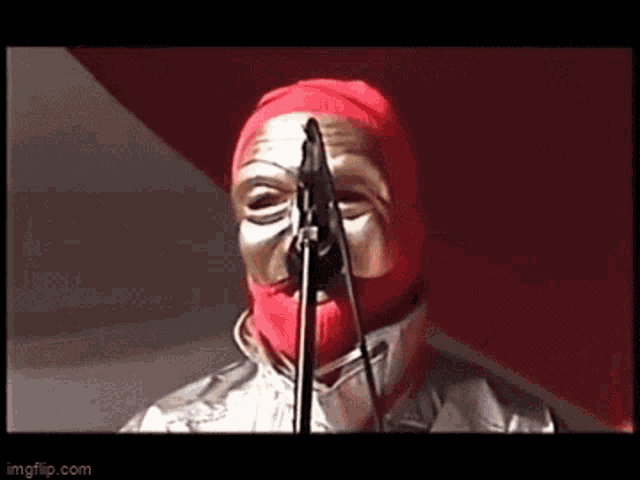 a man wearing a mask is singing into a microphone .