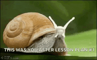 a snail is crawling on a green surface with the words `` this was you after lesson plan # '' written on it .