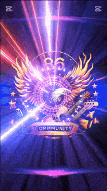 a purple background with an eagle holding a guitar and the words community on it