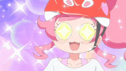 a cartoon girl wearing a red helmet with a heart on it