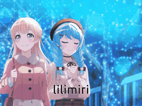 a couple of anime girls standing next to each other with the word lilimiri in the corner