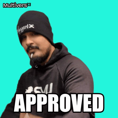 a man with a beard wearing a beanie and a black hoodie says approved
