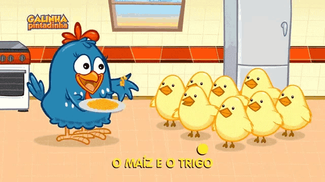 a cartoon of a chicken holding a plate of food with the words o mais e o trigo underneath it