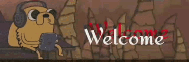 a cartoon character wearing headphones is sitting in front of a sign that says welcome .