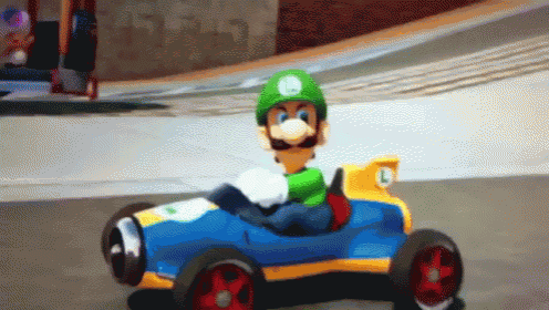 a cartoon character wearing a green hat with the letter l on it is driving a toy car