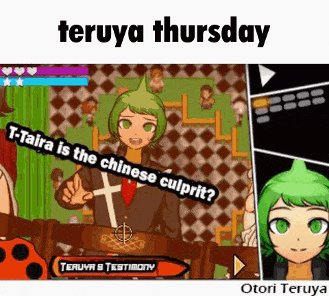 a video game character with green hair is talking to another character in a video game .