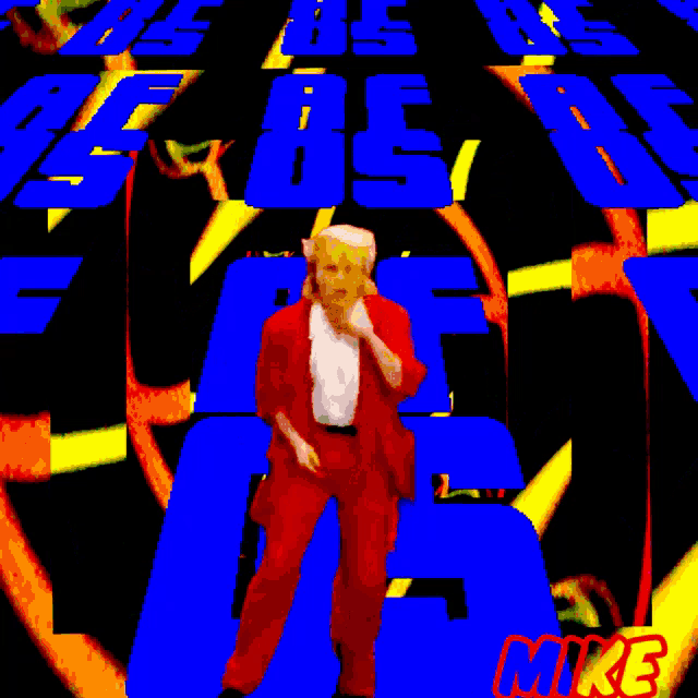 a man in a red suit is standing in front of a sign that says " please be careful 15 "