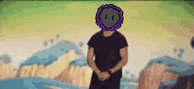 a pixel art of a man with a purple smiley face on his face