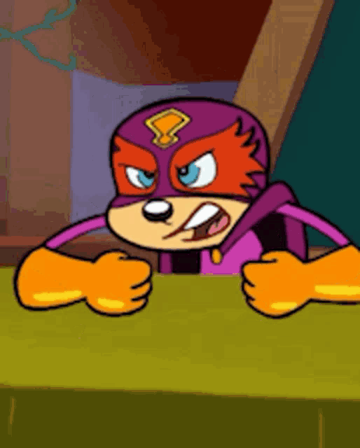 a cartoon character wearing a purple and orange superhero costume with the number 8 on it