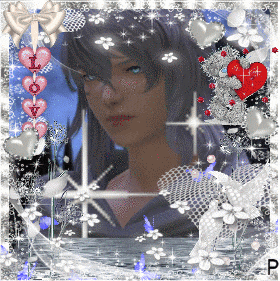 a picture of a girl with hearts and flowers around her