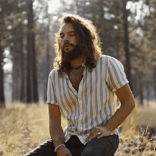 a man with long hair and a beard sits in a field