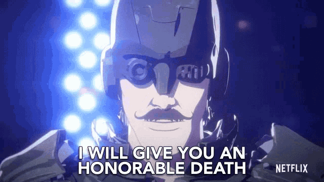 a man with a mustache is wearing a helmet and sunglasses and saying i will give you an honorable death .