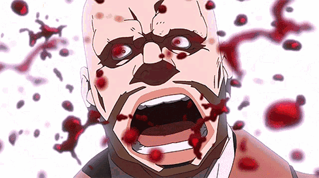 a bald man with blood coming out of his mouth is screaming