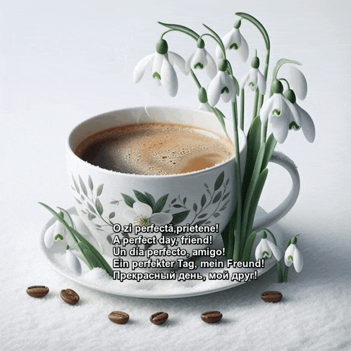 a cup of coffee surrounded by snowdrop flowers and coffee beans on a saucer