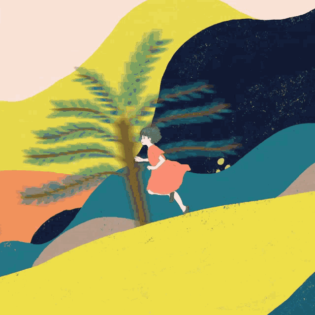 a girl in a red dress is running towards a tree on a hill