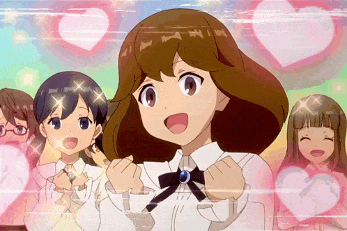 a group of anime girls are surrounded by hearts