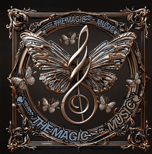 a butterfly with a treble clef and the words " the magic music " around it
